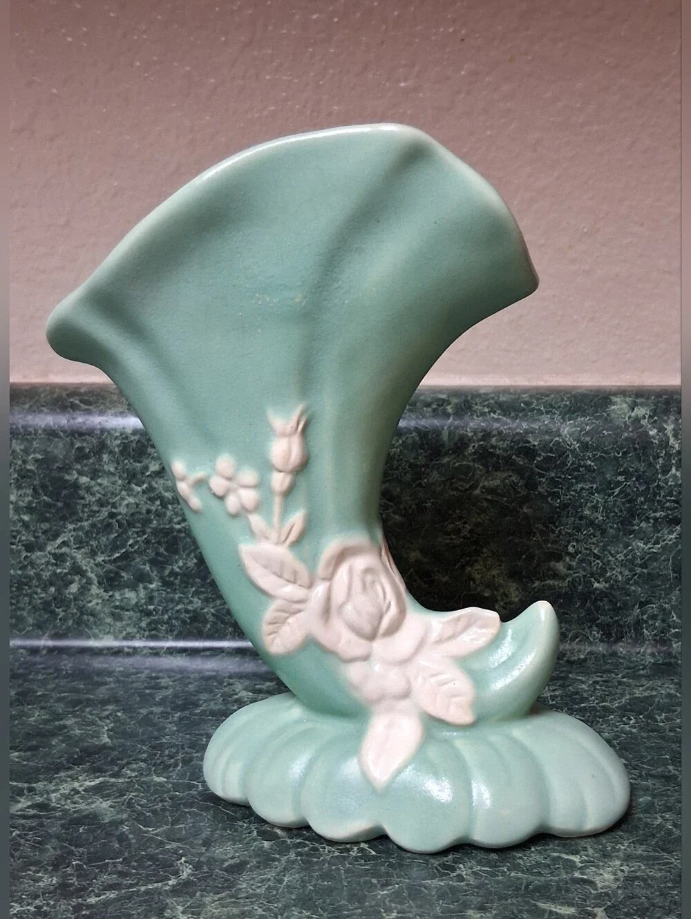 1930s Weller Cameo Rose Cornucopia Vase Blue with White Roses 6.5”